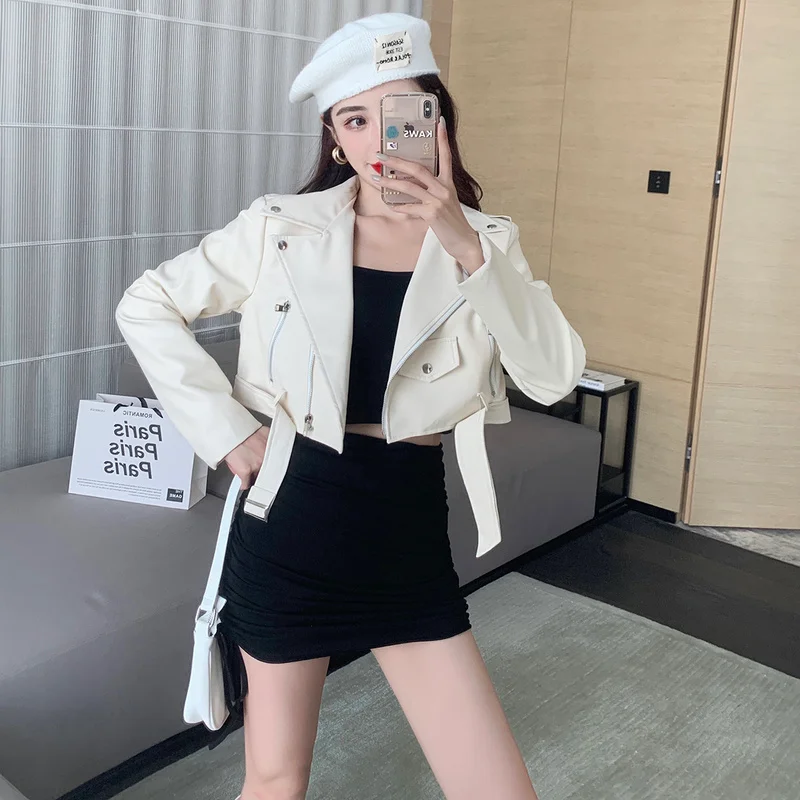 High Waist Moto Biker Casual Short Zipper Black Leather Jacket  Lapel Long Sleeve White Faux  Street Cardigan Top