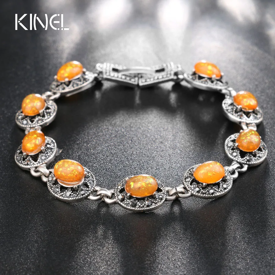 Kinel 2020 New Blue Opal Bracelet Vintage Jewelry Tibetan Silver Crystal Bracelets For Women Christmas Party Gift Drop Shipping