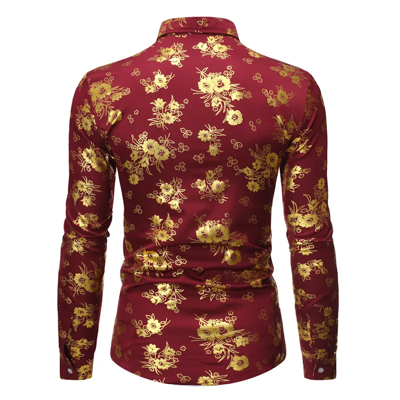 Mens Fashion Shiny Gold Floral Printed Button Down Dress Shirts Camisa Masculina 2023 Brand Black Slim Fit Long Sleeve Shirt Men