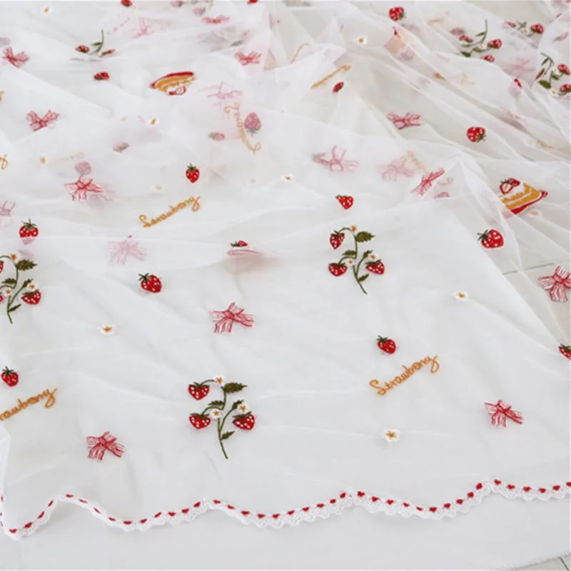 Korean Style Soft Flower Strawberry Embroidery Mesh Fabric Children\'s Clothing Fabric Handmade DIY Fabric Home Decoration