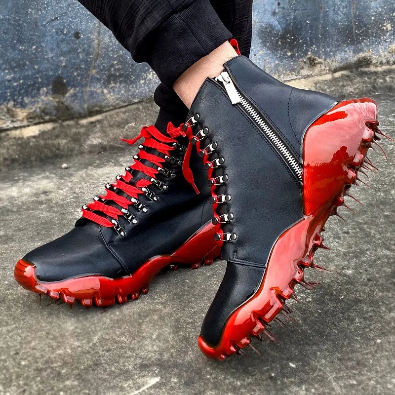 New Designer Shoes Mens Casual Boots Fashion Rubber Sole High Top Sneakers 100% Genuine Leather Boots Lace Up Punk Ankle Boots