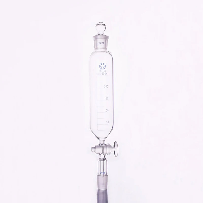 Separatory funnel cylindrical shape,standard ground mouth.Capacity 250ml,Joint 24/29+24/29,Glass switch valve