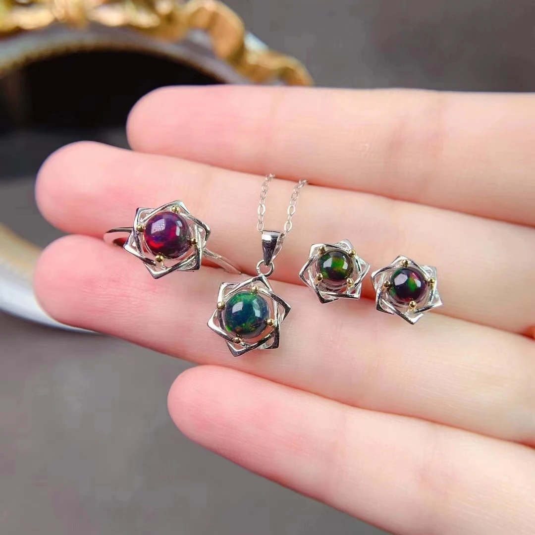 Newest Natural Moonstone Black Opal Jewelry Set Earrings Ring Necklace Real 925 Silver Fire Change  Moonlight Women Gift