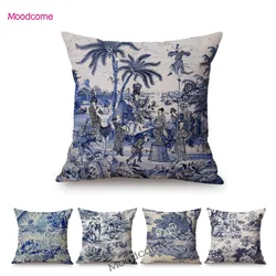 Navy Blue Black White French Toile De Jouy Motif Pattern Retro Newspaper Poster Vintage Sofa Throw Pillow Case Cushion Cover
