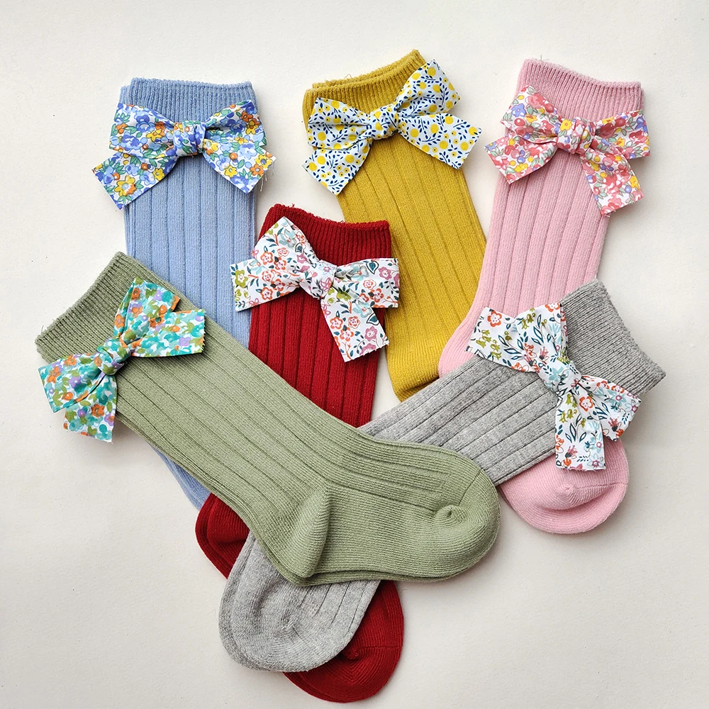 0-4Years Toddlers Girls Cotton Socks Flower Bows Knee High Soft Infant Baby Long Socks Stripped Children Socks Princess Style