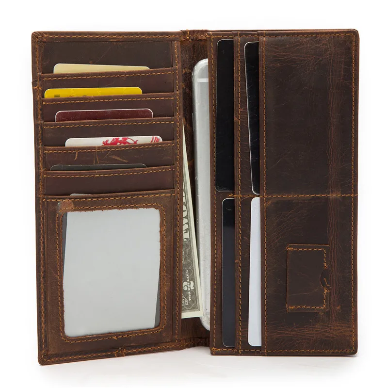 Mens Long Wallet Genuine Cowhide Leather Casual Vintage Unique Design Card Holder Purse Handbag For Husband Son Birthday Gift