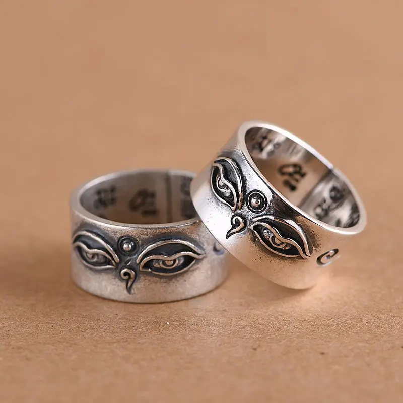 Fashion Silver Color Buddha Eye Rings Retro Punk Buddhist Sutras Adjustable Ring Engagement Wedding Ring for Men Women Jewelry