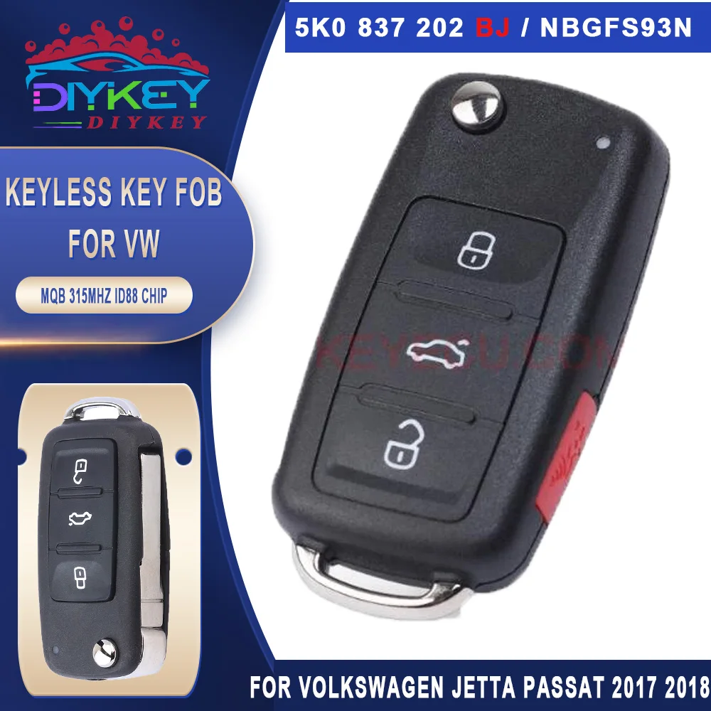 

DIYKEY MQB 5K0837202BJ для VW VolksWagen Jetta Passat 2017 2018 315 МГц Megamos AES ID88 дистанционный брелок NBGFS93N 5K0 837 202 BJ