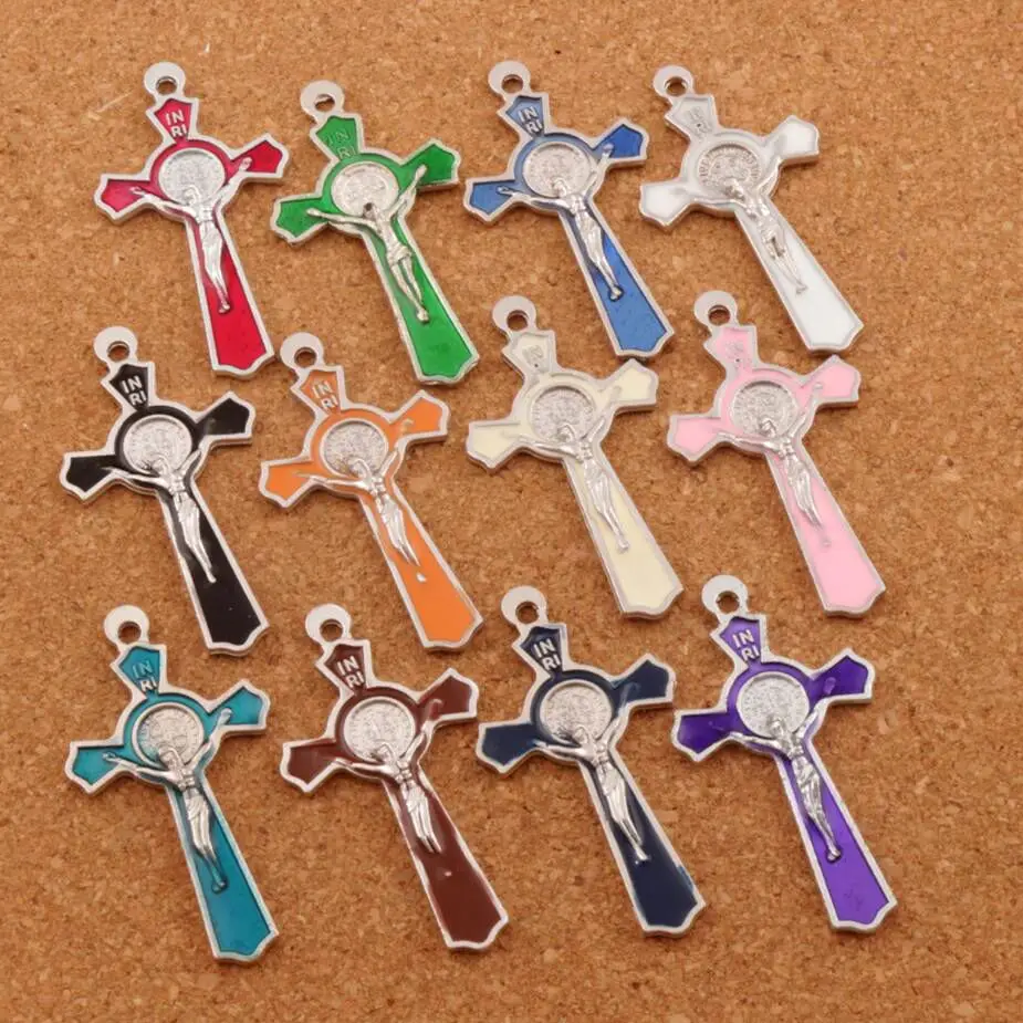 Enamel Saint Benedict Medal Cross Charms Pendants Jewelry DIY L423 8pcs 51x27mm 9Colors