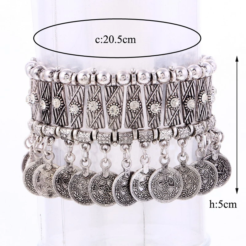 Vintage Statement Coin Tassel Bracelets Bangles for Women Fashion Metal Handmade Crystal Rhinestone Adjustable Ethnic Bracelet