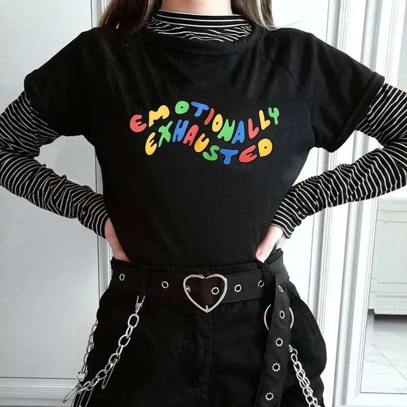 Harajuku Gothic Female Emotionally Exhauste Print Short Sleeve Tops Fashion Casual Fun Letter Women Clothing T-shirts Streetwear