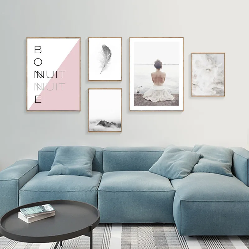 Feather Poster Art Wall Decor Mountain Wall Canvas Art Poster Pink Picture For Girls Room