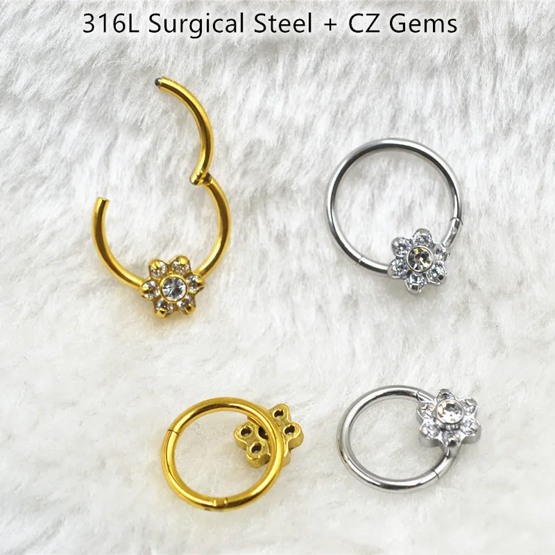 

10pcs/Lot 316L Surgical Steel Seamless Hinged Segment Ring 16G Flower CZ Nose Clicker Ear Cartilage Body Hoop Septum Rings NEW