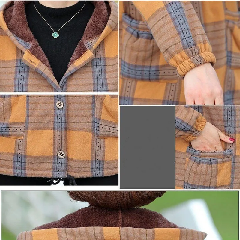 Middle-Aged and Elderly Women's Autumn Winter Fleece Hooded Casual Jacket 40-Year-Old Women's Cotton Outerwear Mother Loose Coat