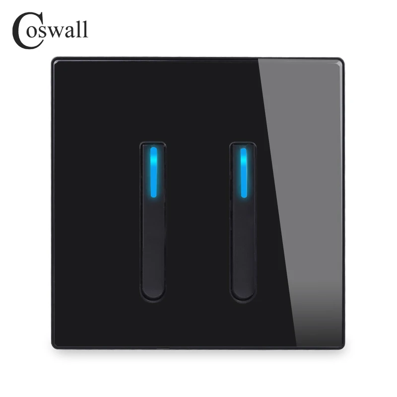 COSWALL 1/2/3/4 Gang 1/2 Way Piano Key Design On / Off Wall Light Switch Backlight Data CAT6 HDMI USB Charging Glass Panel Black