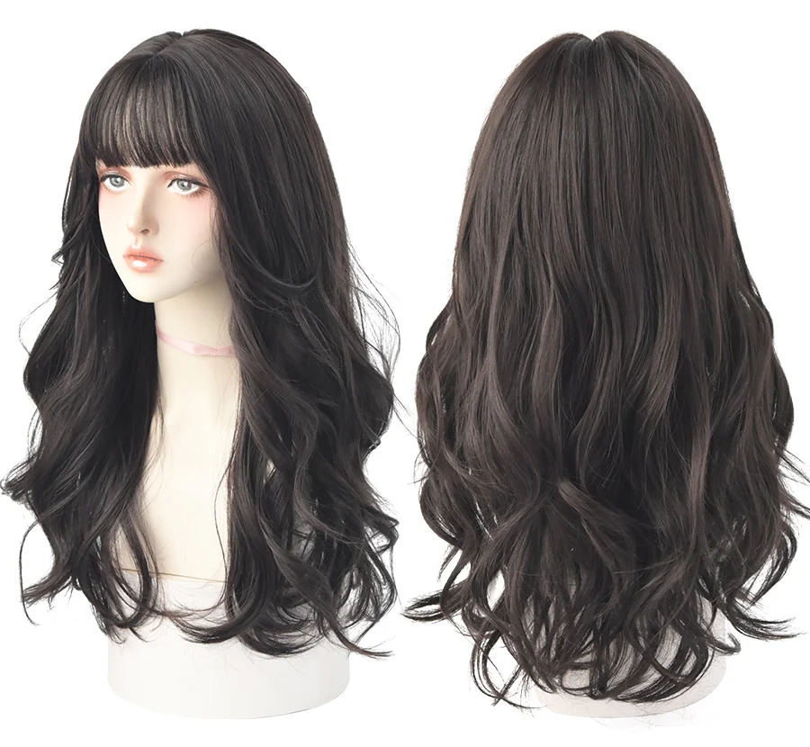 7JHH Fashion Ombre Brown Black Deep Wave Long Hair With Bangs Synthetic Wigs For Women Christmas Heat Resistant Thick Wig  Gift