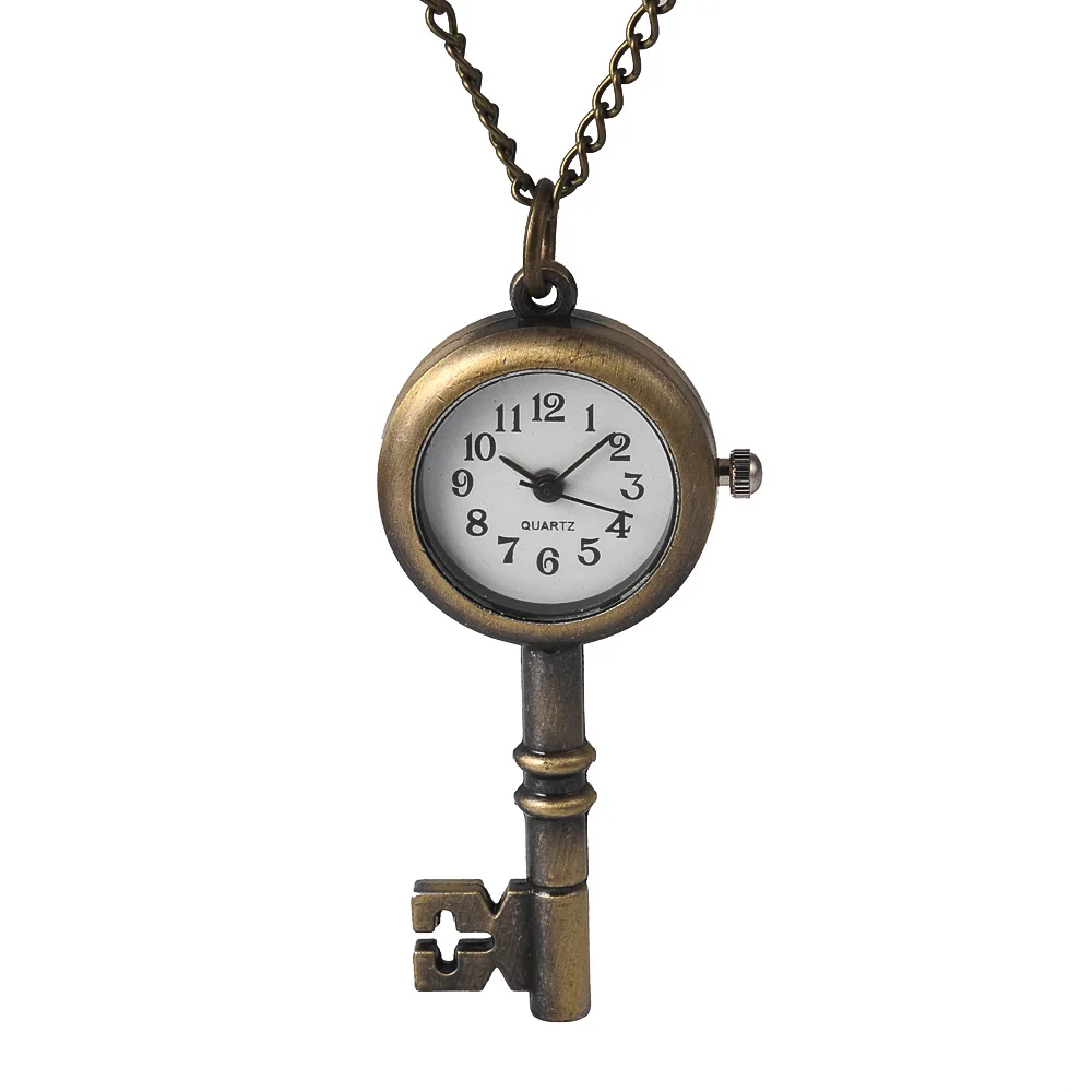 Reloj de bolsillo de cuarzo, accesorio retro con personalidad, forma de llave redonda, bronce, collar, 6060