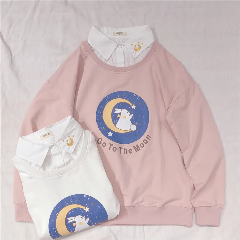 Spring Women Sweet Sweatshirt Fake Two Pieces Korean Cartoon Rabbit Letters Print Hoodies Girly Autumn New Pullover Lolita Tops