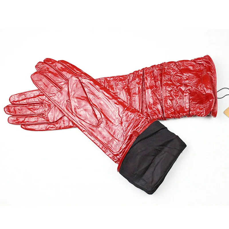 Guantes largos de charol para mujer, piel de oveja, forro fino de rayón, mangas, forro de terciopelo, guantes cálidos para dedos para otoño e invierno