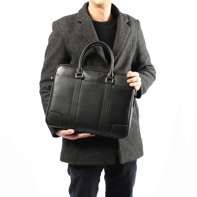 Nesitu High Quality New Black Genuine Leather 14\'\' Laptop Office Men Briefcase Business Men\'s Messenger Bags Portfolio M200605