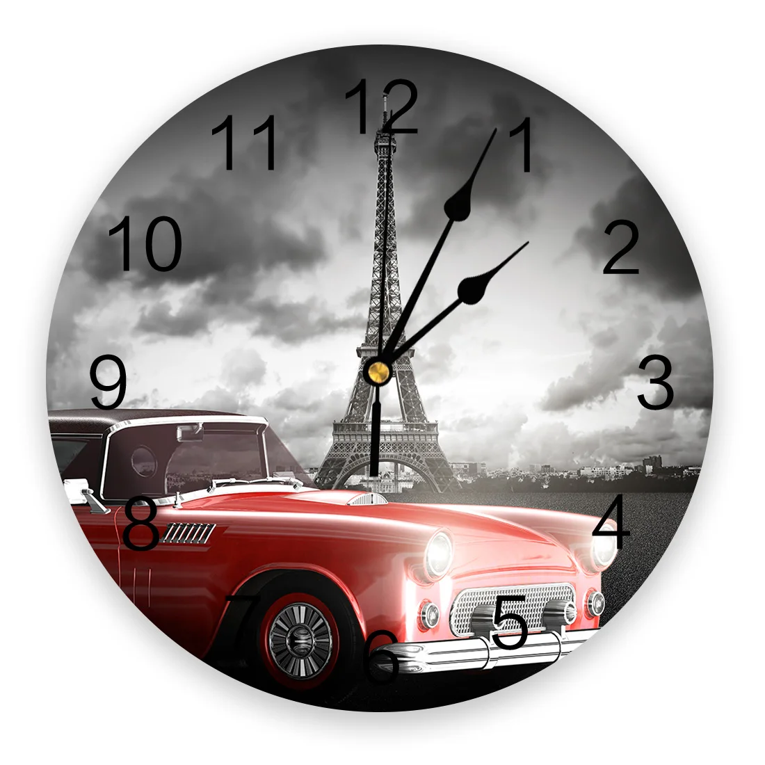 Paris Car Overcast Red Art Wall Clock Kitchen Home Living Room Decorative Kitchen Wall Decor Hanging Clocks