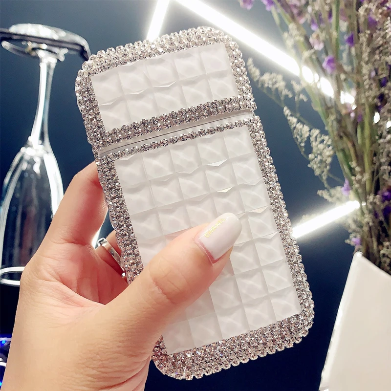 Full Rhinestone Slender Cigarette Case Automatic Open Lid Cigarettes Storage Box Smoking Accessories Tool for Women Gift