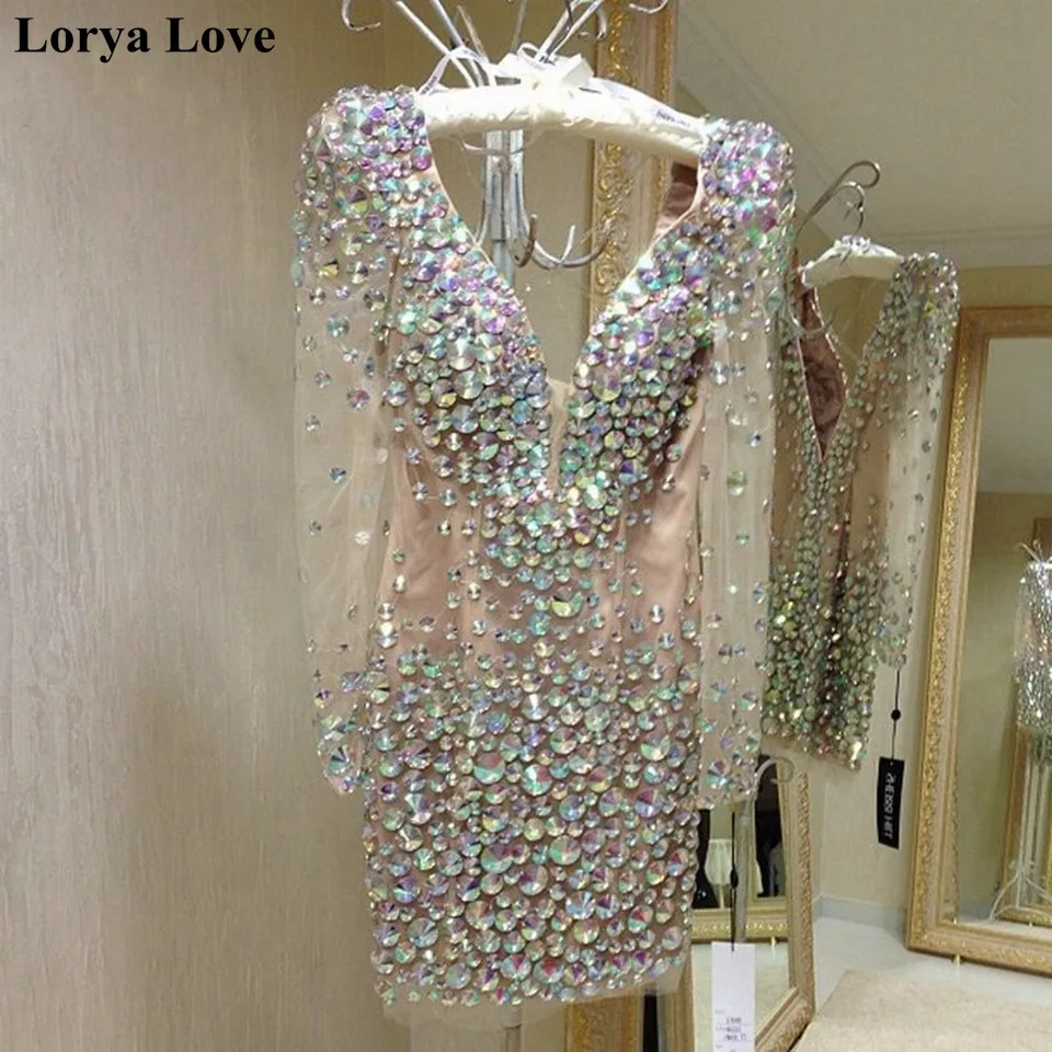 

Luxury Beading Crystal Cocktail Dresses Sexy Short Celebrity Long Sleeves Prom Vintage Women Formal Party Homecoming Gowns 2025