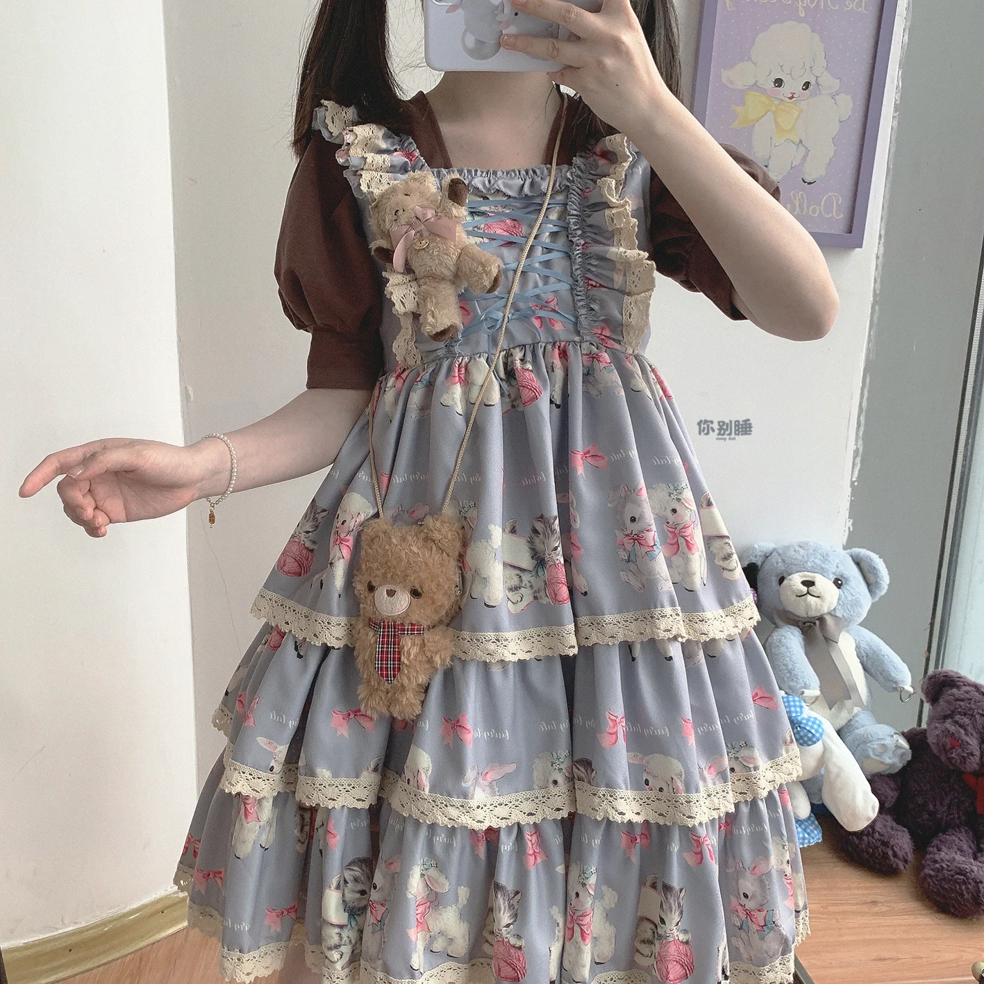 Sweet Cat Cute Girl Daily Cute Printing Lace Bowknot Cartoon Bandage Jsk Dress High Waist Victorian Dress Kawaii Girl Gothic