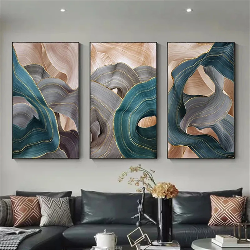 Luxury Grey and Green Ribbon Posters Prints Nordic Abstract Canvas Wall Art Painting Modern Pictures for Living Room Decor