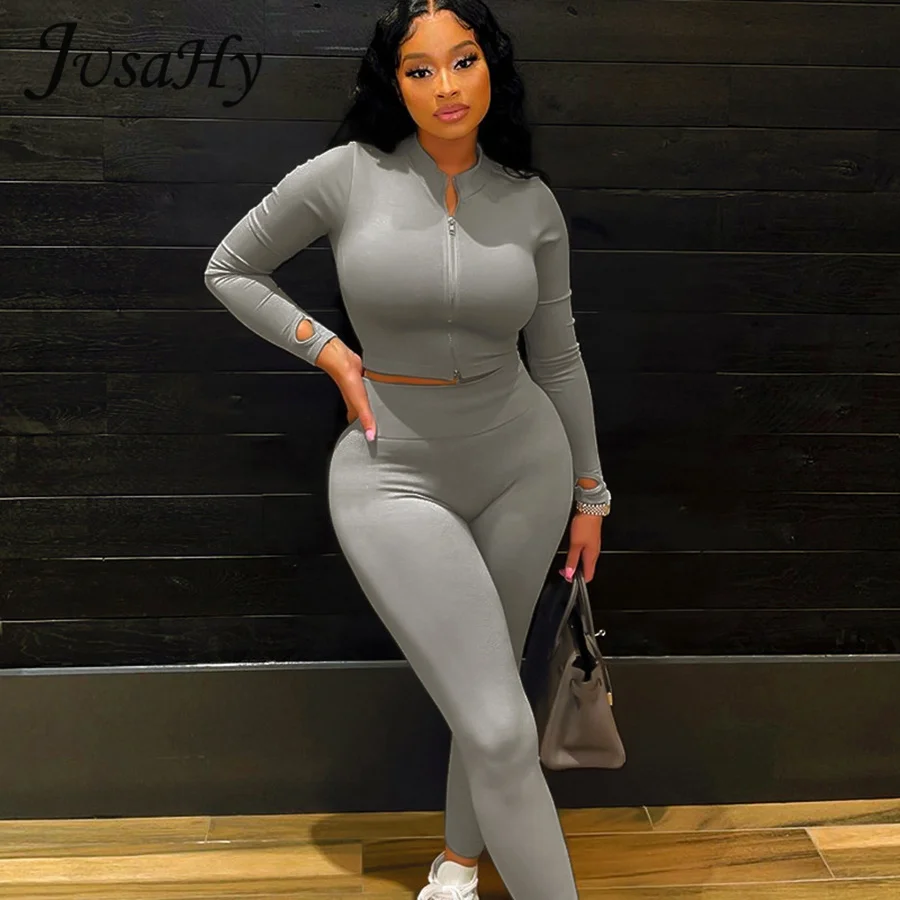 JuSaHy Active Outwear Solid Two Pieces Sets for Women Zipper Jacket+High Waist Pants Body-Shaping Matching Outfits Streetwear