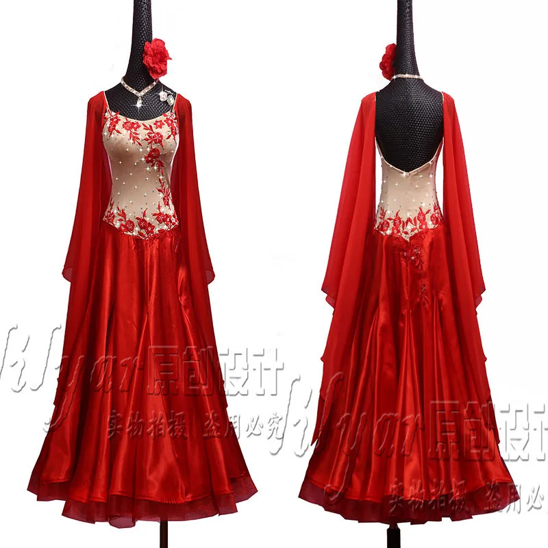 Ballroom Dance Dress Standard Skirt Competition Dress Costumes Performing Dress Customize Adult Children Red Embroidered Skirtes