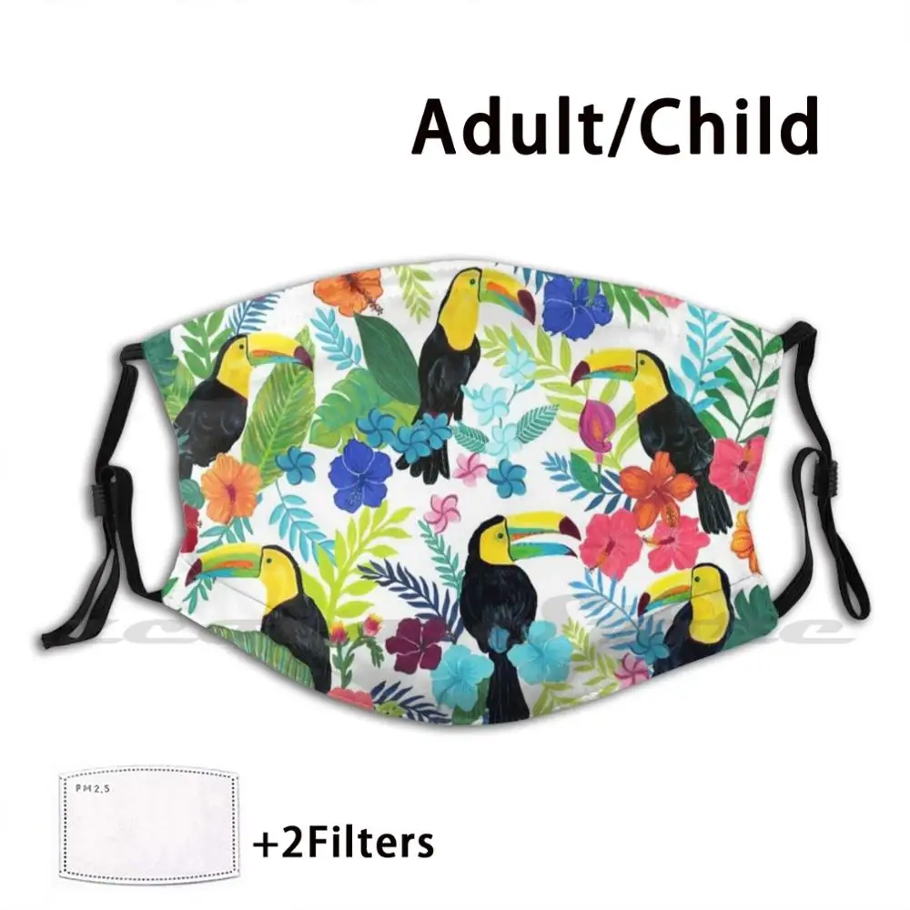 Tropical Toucans Mask Cloth Reusable Print Filter Washable Toucans Tropical Hibiscus Banana Leaves