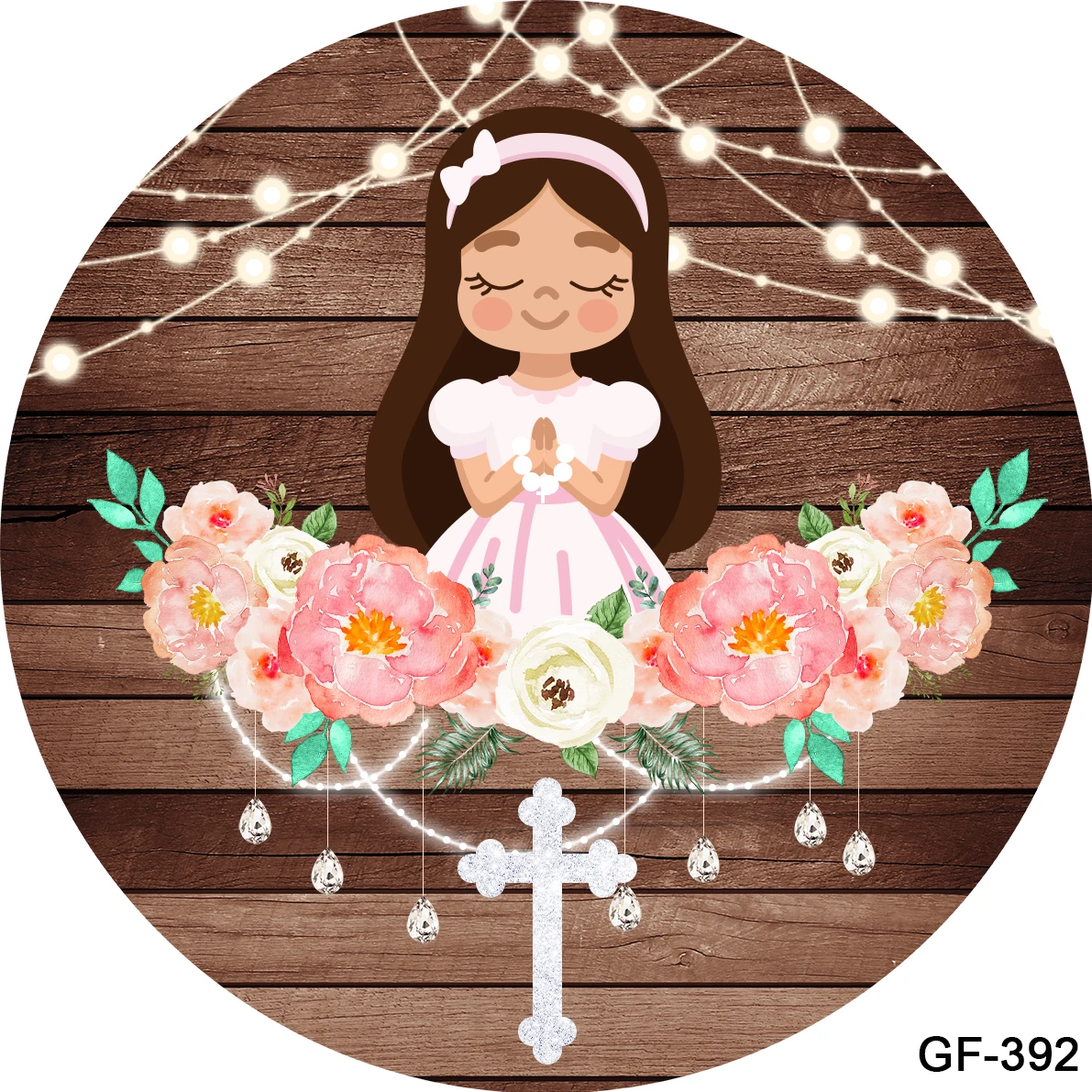 First Holy Communion Circle background Wooden Floor Flower Cross Lattice Girl Decoration Custom Photography Backdrops Photocall