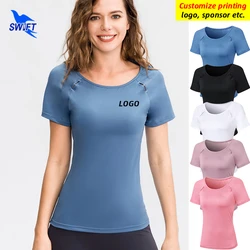 Summer Breathable Quick Dry Running Shirt Women Solid Workout Tops Elastic Gym Yoga Breathable Short Sleeve T-Shirts Customize