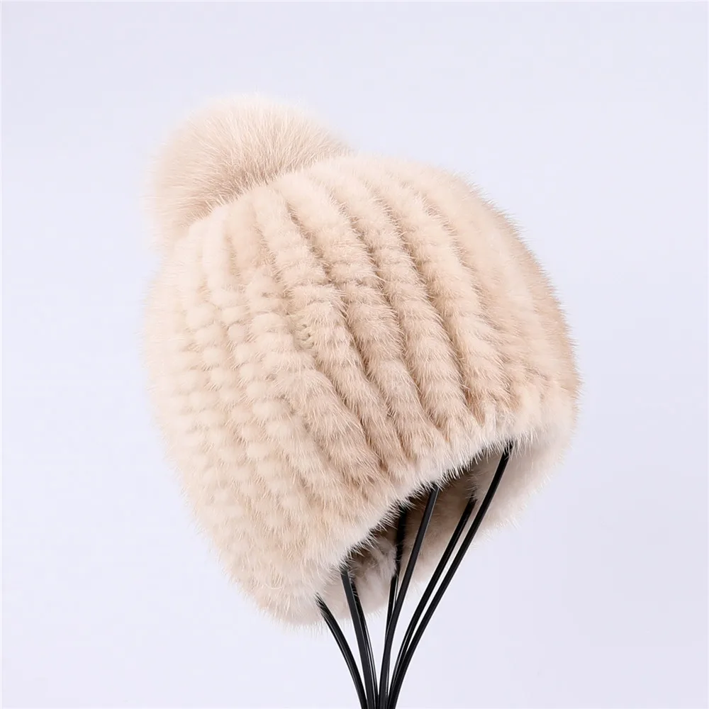 100% real mink fur hat women winter knitted beanie Russian Girls cap with fox fur pom poms thick female cap Elastic