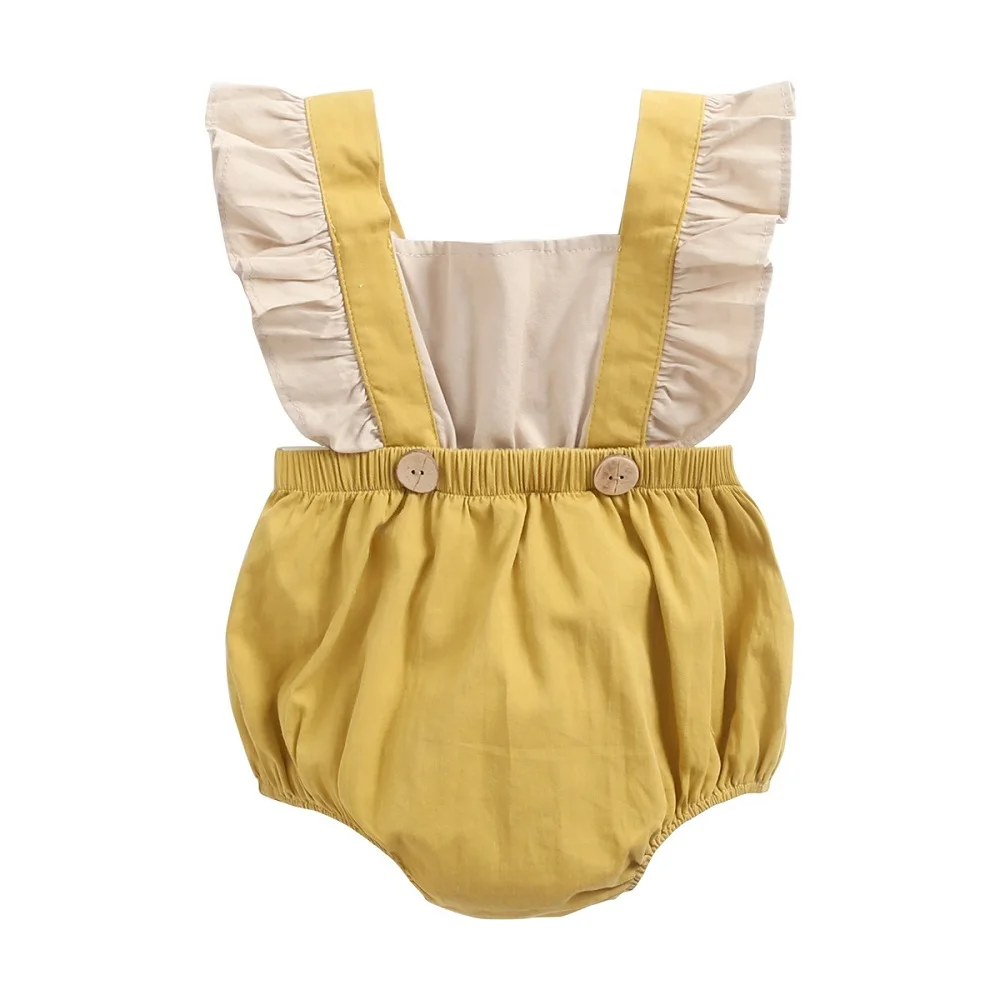 Infant Summer Baby Girl Pure Color Splicing Conjoined Dorsal Band Two False Pieces Baby Rompers Short Sleeve Bodysuits Clothing