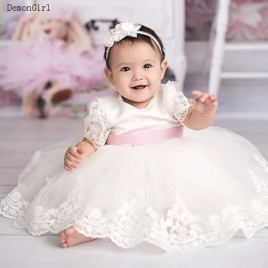 6M-14Y Tập Đi Cho Bé Kid Đầm Bé Gái Phối Ren Nơ ĐẦM DỰ TIỆC Christening 1st Sinh Nhật Đầm Tay Ngắn