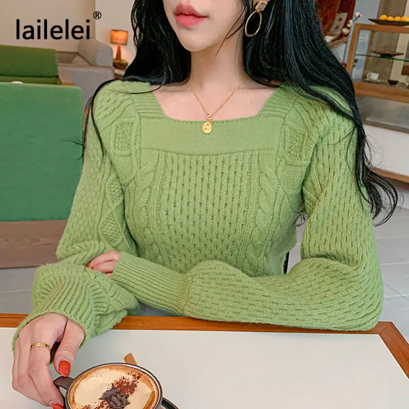 Lantern Sleeve Square Collar Knitted Sweater Crop Pullover Women Chic Korean Style Lazy Oaf Harajuku Cute Fall 2020 Winter Kazak