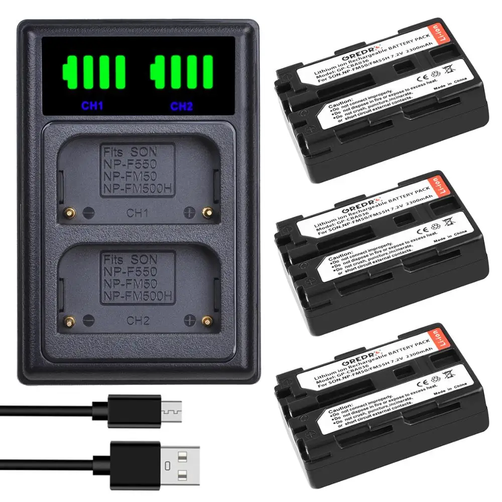 3 Pcs NP-FM50 NP FM50 FM55H Camera Battery + LED Dual Charger with type-C port for Sony NP-FM51 NP-FM30 NP-FM55H DCR-PC101