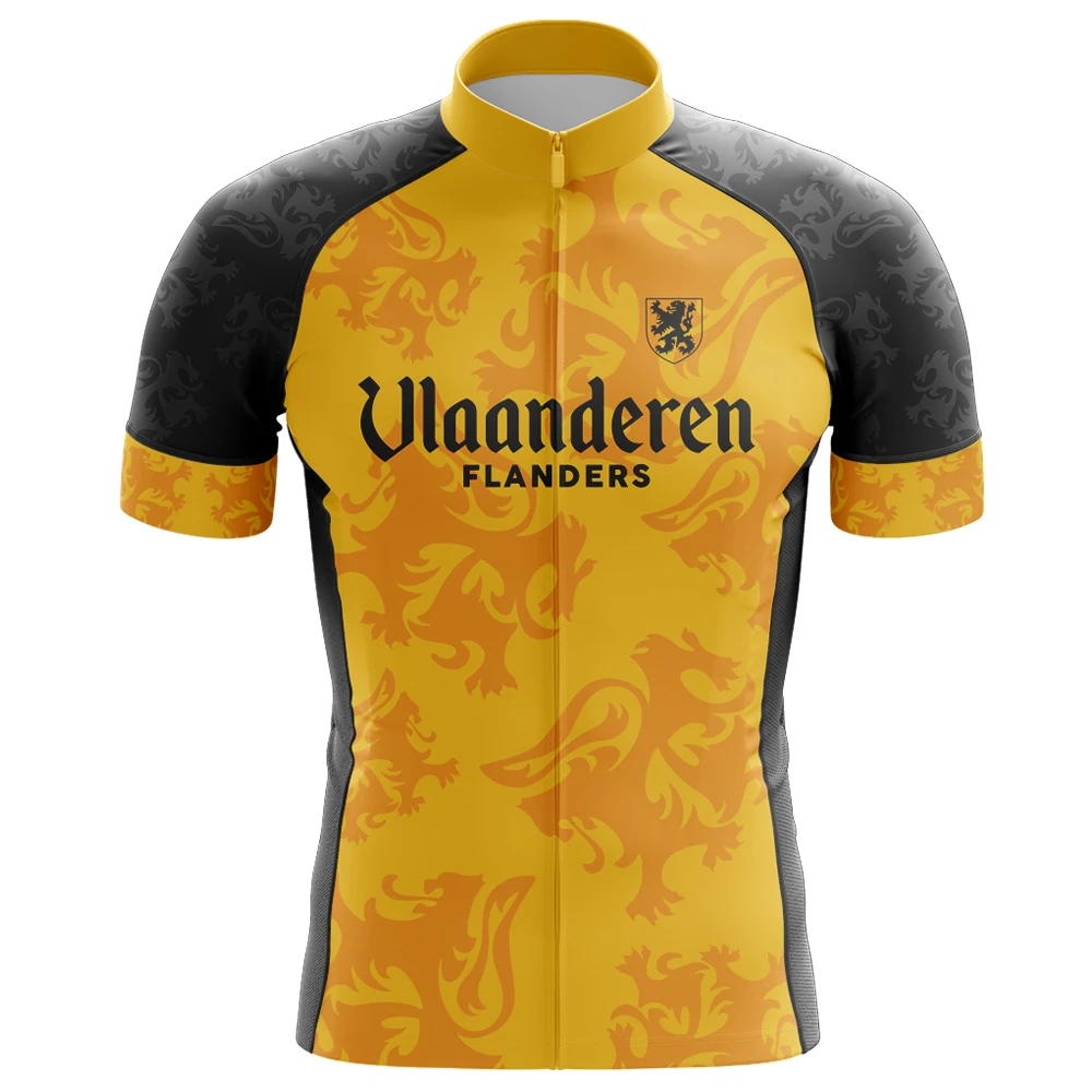 New Summer Belgium FLANDERS Cycling Jersey Sets Yellow Bike Clothing Wear Bib Shorts Gel Pad