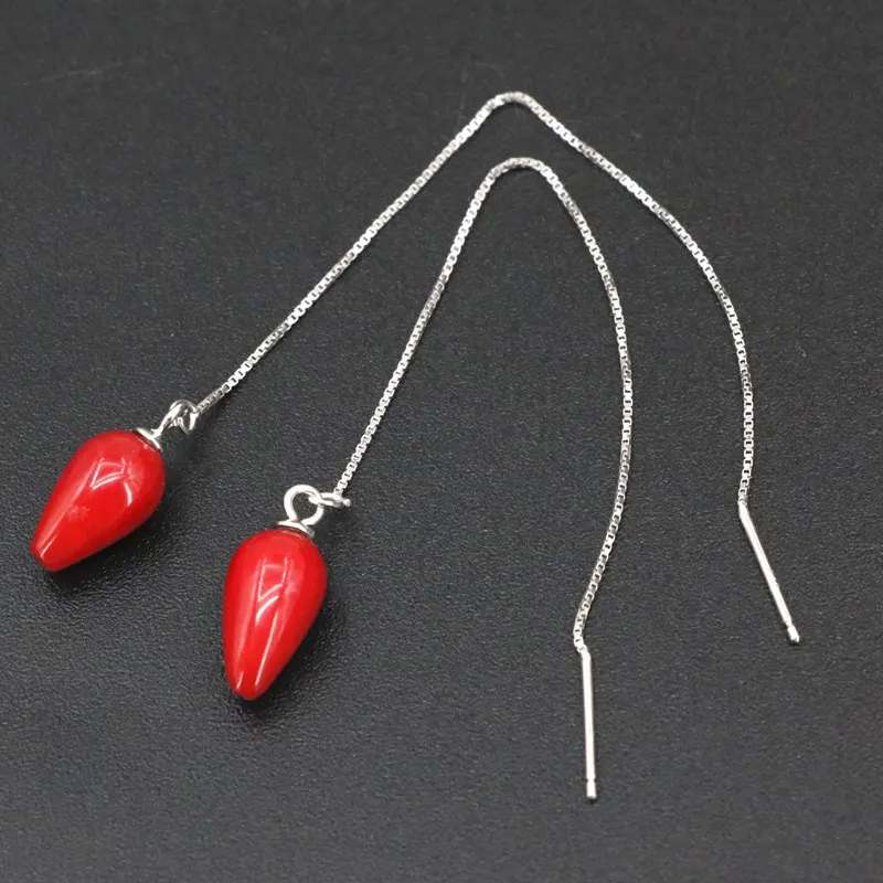 New Fashion Statement Dangle Earring Sterling Jewelry Long Earrings For Women Natural Coral 7x12mm Drop Earings 4inch B3440