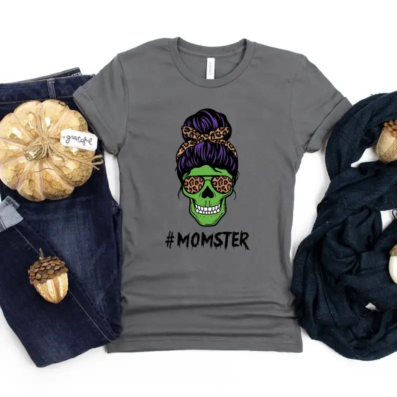 Momster Skull Momster Halloween Funny Mom Shirt Short Sleeve Tees Fashion 100% Cotton O Neck Female Clothing Plus Size Casual