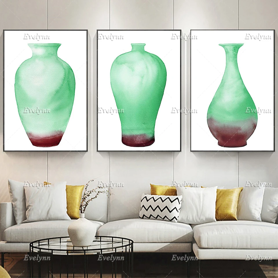 

Asian Vase Watercolor Porcelain Printable Posters Porcelain Artwork Emerald Green Jar Home Decor Canvas Wall Art Prints Gift