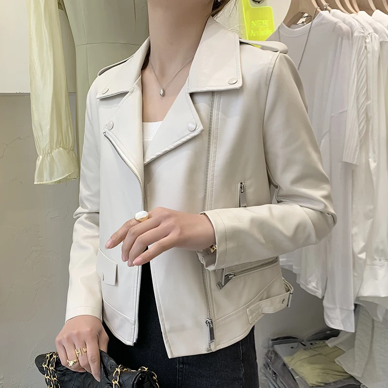 Koreański damski beżowy płaszcz ze sztucznej skóry Slim Wiosna Jesień 2024 Casual Lapel Long Sleeve Female Motorcycle Biker Jacket Veste Femme