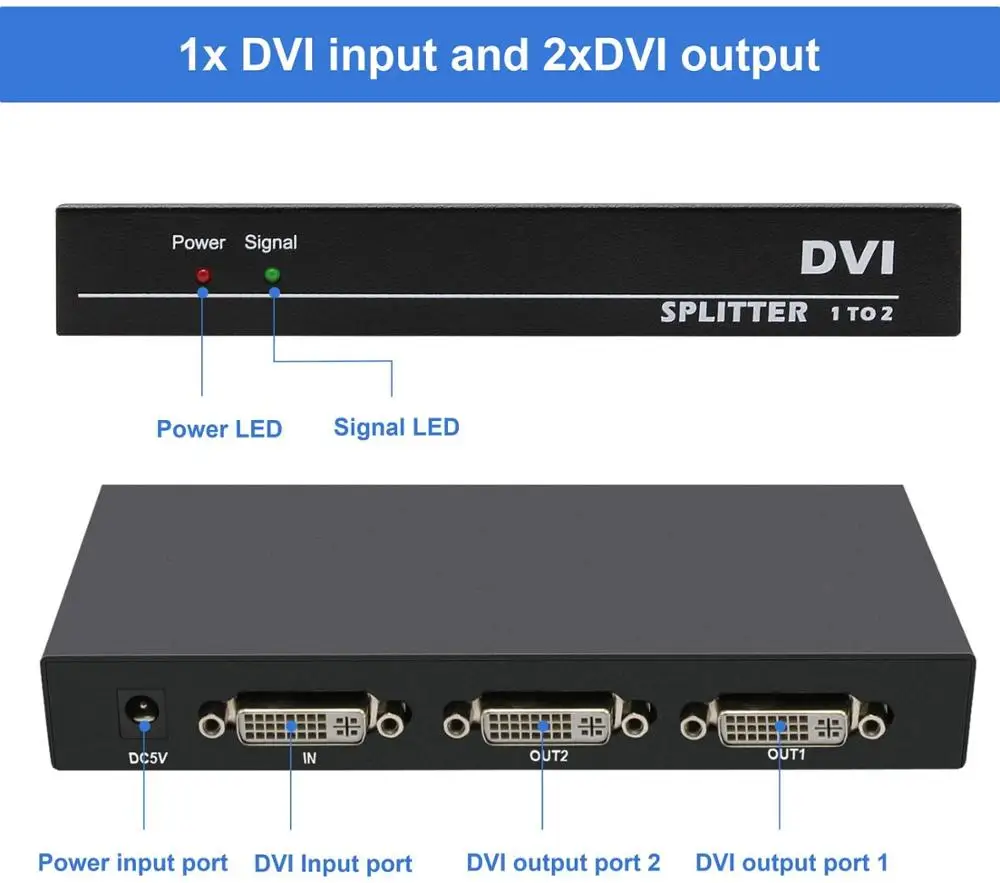 DVI 분배기 1x2 DVI 1 in 2 Out 2 포트, DVI 분배 복사기 분배기 지원 4K @ 30Hz 자동 복사 EDID