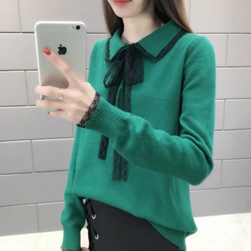 Bow Tie Autumn winter Sweaters Lace Patchwork Turn Down Collar Sweater Women Pullovers New Loose Lazy Knitted Sweater Tops