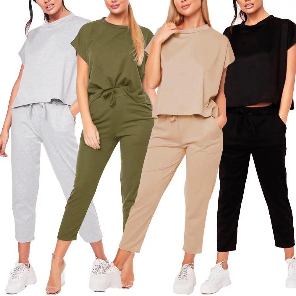 Conjunto de pantalones de manga corta para mujer, traje deportivo coreano de dos piezas, de algodón, Color sólido