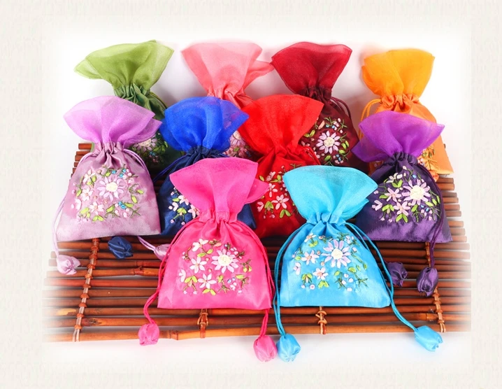 Patchwork Organza Small Silk Gift Bag Drawstring Pouch Handmade Ribbon Embroidery Empty Sachet Birthday Party Favor Bags 50pcs/l