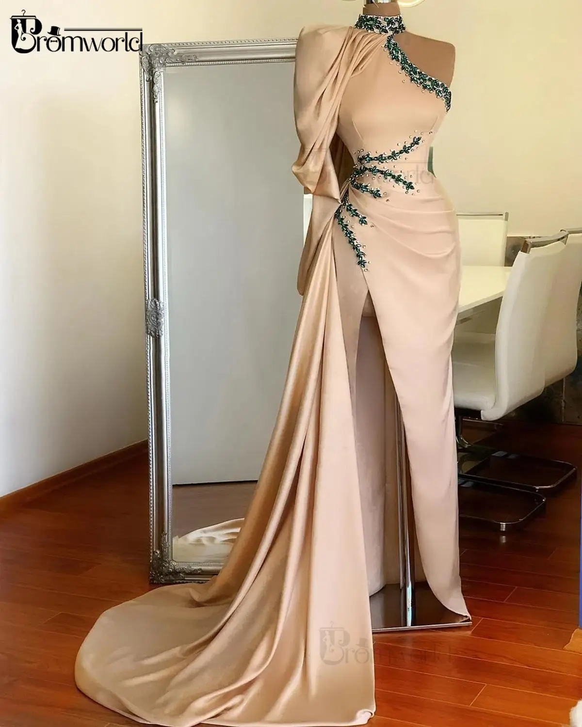 Champagne Mermaid Evening Dresses, Gola alta, Um ombro, fenda alta, Cristal, Dubai, Arábia Saudita, Árabe, Vestidos de baile formais, Longo, Novo, 2022