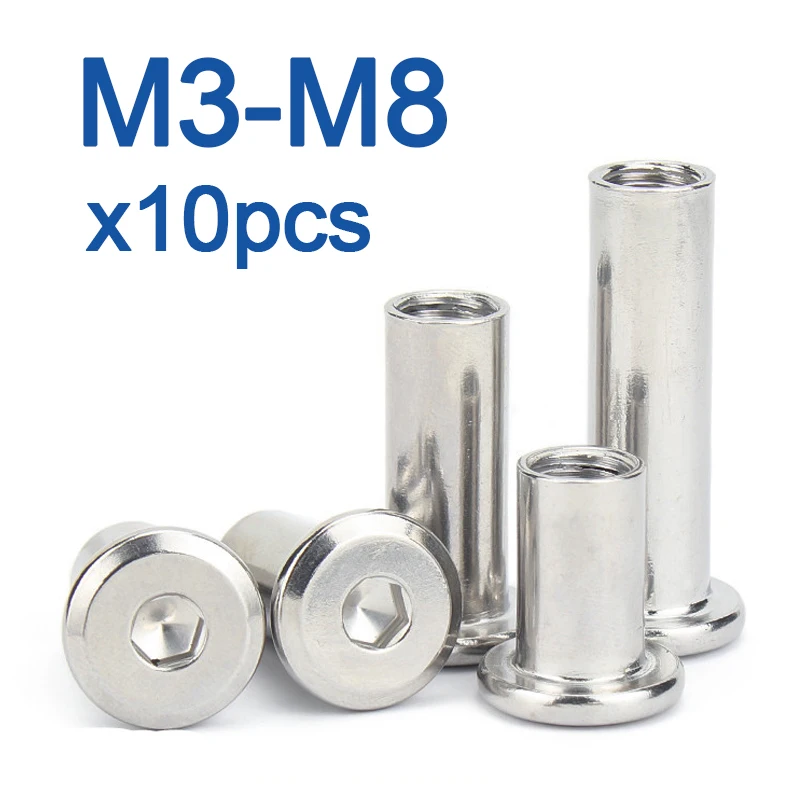 10pcs/lot  M3 M4 M5 M6 M8 Stainless Steel Flat Hex Hexagon Socket Head Furniture Rivet Connector Insert Joint Sleeve Cap Nut